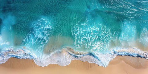 Aerial View of Turquoise Ocean Waves Crashing on Sandy Beach