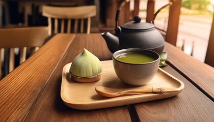 Poster - A cozy Japanese cafe setting with Yonpachi Purin served on a wooden tray