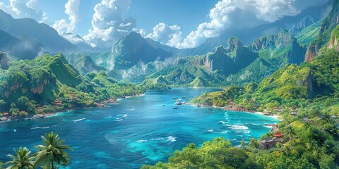 Wall Mural - Tropical Paradise with Lush Mountains and Crystal-Clear Waters
