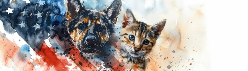 Poster - A cat and a dog are standing next to each other on a red, white and blue background