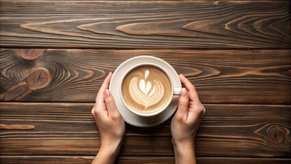 Wall Mural - Minimalistic style woman hand holding a cup of coffee on Colored background. Flat lay  top view cappuccino cup. Empty place for text  copy space. Coffee addiction. Top view  flat lay.