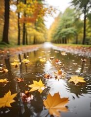 Wall Mural - A peaceful rainy day in autumn, with raindrops creating ripples in puddles, fallen leaves
