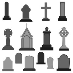 Sets of Gravestone, Tomb, Tombstone, Cemetery silhouettes isolated on white background. Halloween collection 01. vector illustration