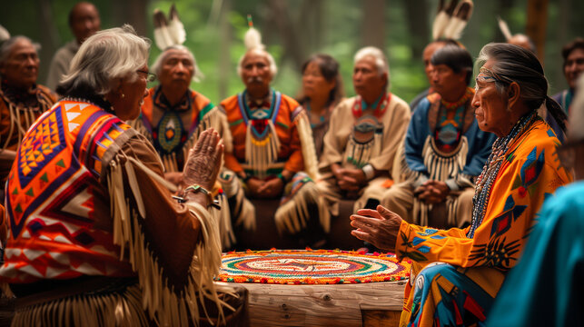 A group of Indigenous elders, dressed in colorful, traditional clothing, gather for a ceremony or meeting in a natural setting