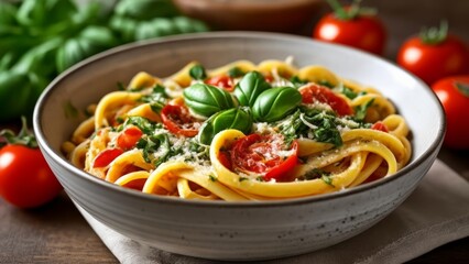 Wall Mural -  Fresh pasta dish with vibrant tomatoes and basil