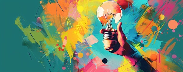 Wall Mural - Bright light bulb being held in hand against colorful artistic background, representing creativity