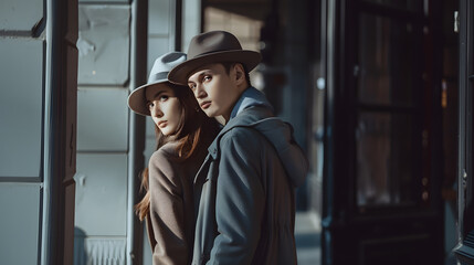 Wall Mural - Beautiful couple in stylish clothes in gray tones city : Generative AI