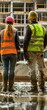 © Karn AS Images - Male and female construction workers in hard hats, safety vests, standing together, active construction site, clear sky, medium shot, straighton view