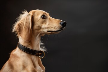 Wall Mural - studio portrait of a beautiful light brown saluki dog wearing a vintage collar, sitting on a dark background with a side view. Soft studio lighting creates soft shadows with clean, sharp focus. Shot w