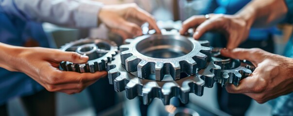 Wall Mural - Businesspeople linking gears together to symbolize a seamless teamwork