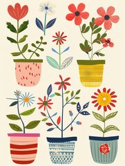 Poster - A vibrant illustration featuring colorful flowers in decorative pots. Perfect for home decor and garden center designs. Generative AI