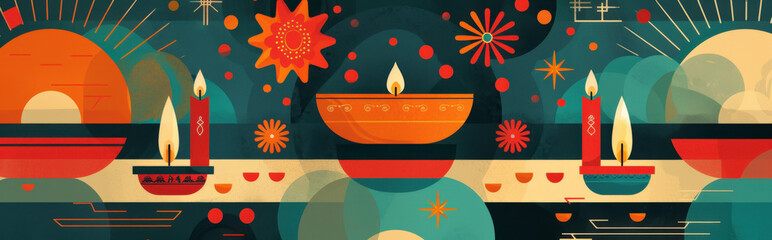 abstract collage of minimal symbols associated with diwali, such as diyas, fireworks, and sweets, using a clean and modern aesthetic