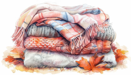 Wall Mural - A stack of blankets with a leaf on top