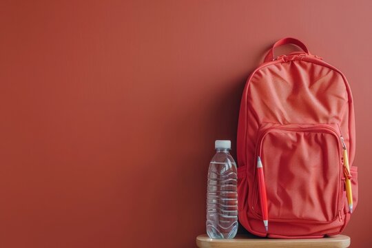 Stationery with school backpack and bottle for water on maroon background with space for text