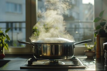 Wall Mural - Steaming and boiling pan of water on modern heating stove in kitchen on the background of open balcony. Boiling with steam emitted from stainless cooking pot