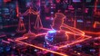 © WACHI - Futuristic digital representation of law and justice concepts, featuring a neon gavel and scales against a high-tech background.