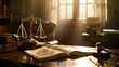 Golden scale with open law book in study library, highlighting legal profession and justice in a warm, sunlit space.