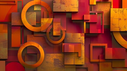 Wall Mural - An abstract composition of geometric shapes, featuring 3D blocks and circles intersecting with squares. Textured elements, in a vivid palette of red, orange, yellow.