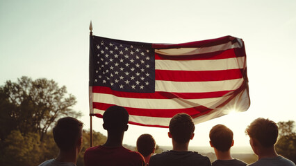 american flag in the wind,	A group of people are standing behind a large American flag. The flag is red, white, and blue with stars. The people are all smiling and seem to be enjoying the moment.