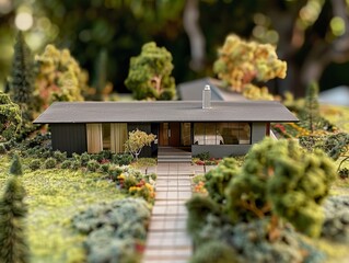 A tilt-shift photo of a model home with lush miniature landscaping, perfect as a unique wallpaper or background