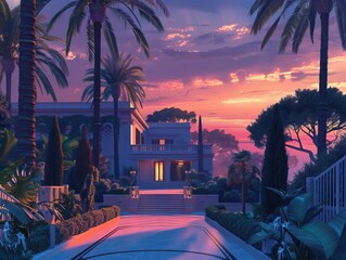 Wall Mural - A majestic villa surrounded by palm trees under a vibrant sunset sky, serving as a luxurious wallpaper or background for viewers