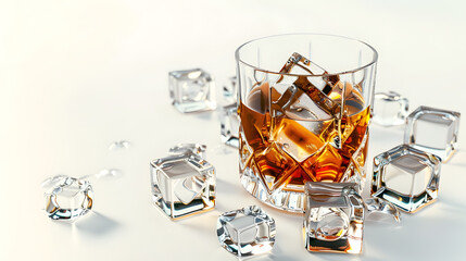 Poster - Old fashioned glass with whiskey and ice cubes on white : Generative AI