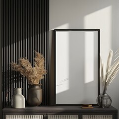 Poster - This image depicts a modern interior setup with a blank poster frame ideal for a minimalist wallpaper or background