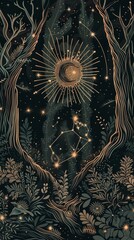 Wall Mural - Virgo integrated into an earthy, detailed forest scene. ,Dark Color light ,vectorline design , illustration , Mobile Wallpaper