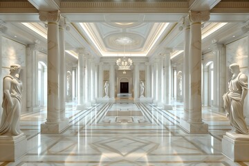 Wall Mural - Marble corridor with statues, marble columns on both sides of the hallway, symmetrical composition, marble floor with patterns and light effects.