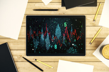 Wall Mural - Modern digital tablet monitor with abstract creative financial chart, research and analytics concept. Top view. 3D Rendering