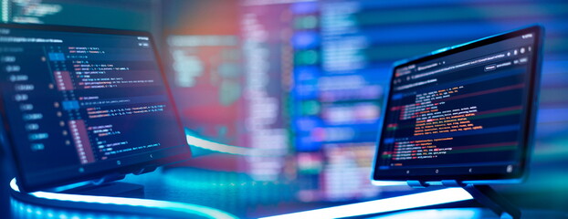 Wall Mural - running computer data programming. coding script text on screen. notebook closeup photo.
