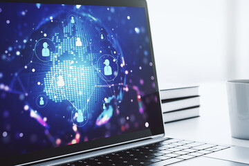 Wall Mural - social network concept with world map on modern laptop screen. 3d rendering