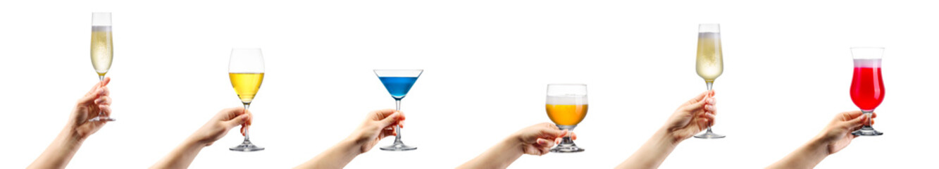 Poster - Set of hands holding different cocktails, champagne and beer isolated on black