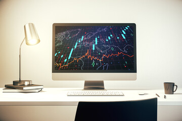 Wall Mural - Modern computer monitor with abstract creative financial chart with world map, research and strategy concept. 3D Rendering