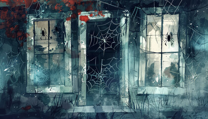 Wall Mural - A painting of a creepy house with three windows and spider webs