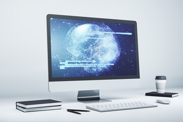 Wall Mural - modern computer display with abstract software development hologram and world map, global research a