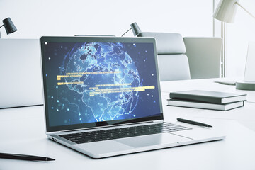 Wall Mural - modern computer screen with abstract creative coding sketch and world map, artificial intelligence a