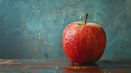 Wall Mural - Red apple with water droplets on a wooden table, against a textured teal background, emphasizing freshness and natural beauty.