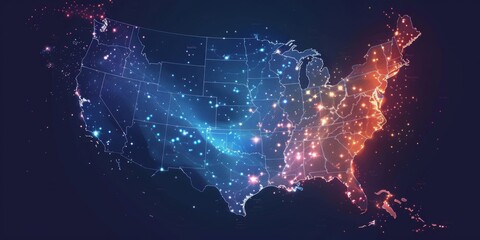 Canvas Print - A map of the United States with a blue and red glow. The map is made up of many small dots, giving it a starry appearance