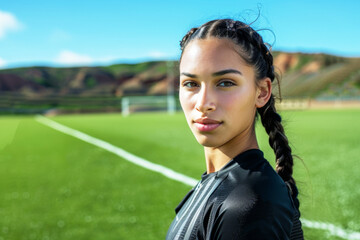 Wall Mural - A confident female soccer player in a black jersey stands on a vibrant green grass field. Young woman ready for the game or training ahead, embodying strength and dedication