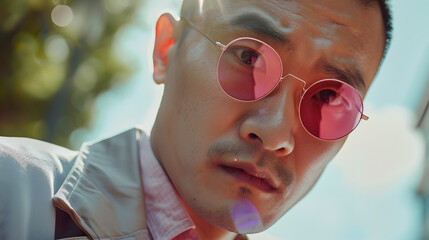 Vertical portrait of street style Asian man looking at camera outdoors and wearing pink sunglasses : Generative AI