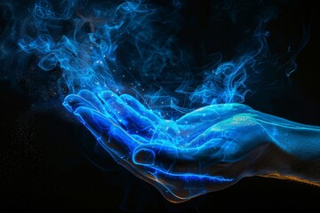 Wall Mural - Glowing blue magic effect, spiritual energy in open hand against a dark background