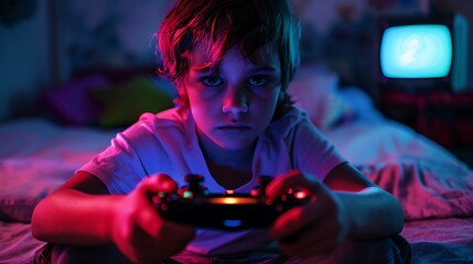 A child playing an adventure video game, screen and controller glowing in neon.