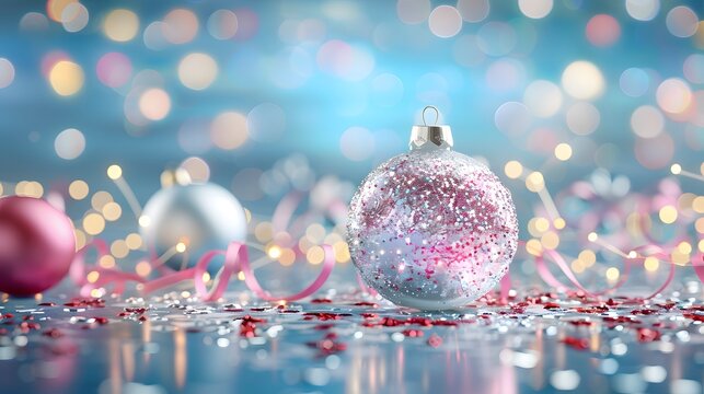 A close-up of a sparkling 2025 New Year's Eve decoration, surrounded by festive lights and ribbons, symbolizing the beginning of a fresh and hopeful chapter, perfect for conveying holiday cheer.