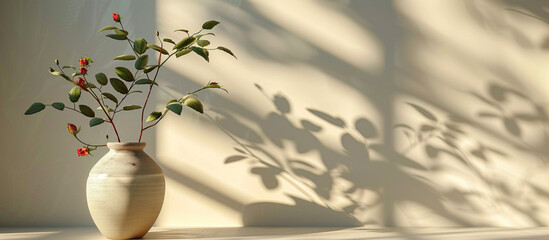 Wall Mural - ceramic vase with red rose flower plant on light wall. Ai generated Images