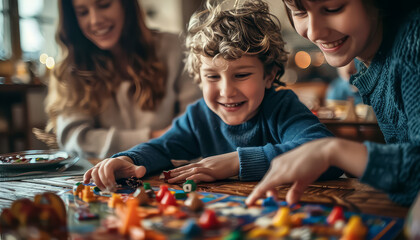 A family of four is playing a board game together