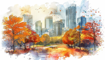 Wall Mural - A cityscape with a park in the foreground and a large city in the background