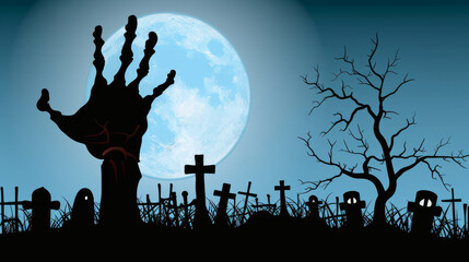 Wall Mural - Halloween background: Illustration of a silhouette of a man's hand in a cemetery against the backdrop of graves, crosses and the moon. The sinister rotten hand of a zombie crawling out of the grave.