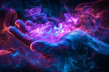 Wall Mural - Hand is cupping glowing magic energy with colorful blue and purple smoke