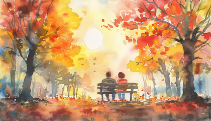 Wall Mural - A couple is sitting on a bench in a park, with the sun setting in the background